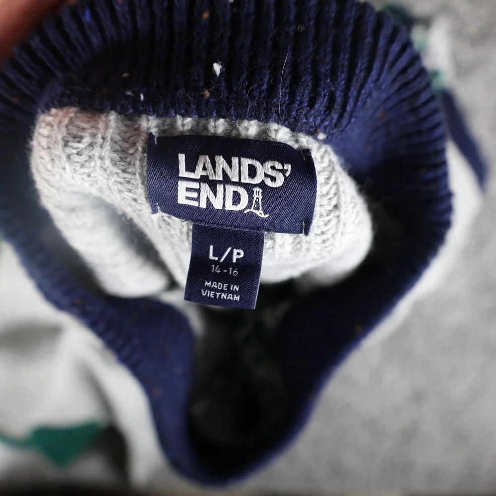 Lands' End Women's Large Patchwork Cable Knit Sweater Green Navy Gray Fair Isle